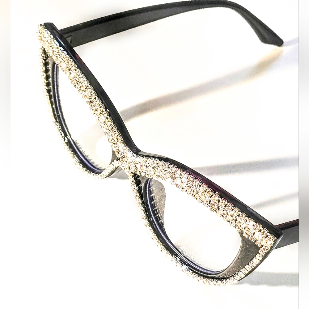 Cat Eye Blinged Frame Large Glasses - Quality Thick Clear Lenses & Strong Hinges - Picture 2 of 6